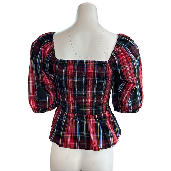 NWT Draper James Smocked Plaid Blouse Elbow Length Puff Sleeves XS - Picture 6 of 8